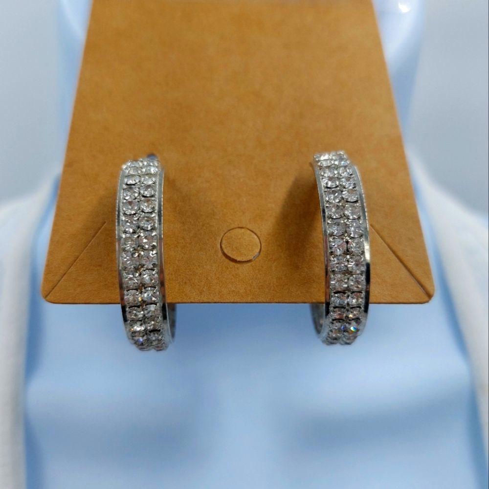2 Row Rhinestone Hoops Set In Silver Channel, 2" Diameter, Lever Back Closure